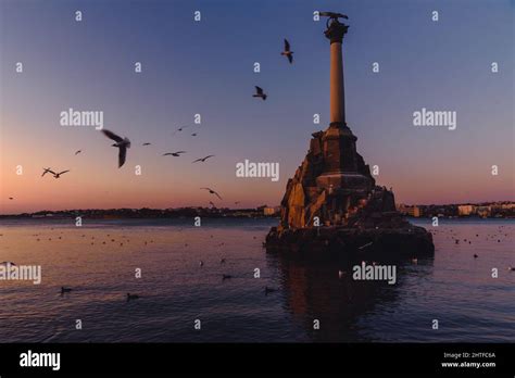 View Of Monument To Sunken Ships In Black Sea Water On Sunset