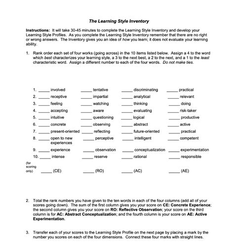 The Learning Style Inventory Instructions It Will Chegg