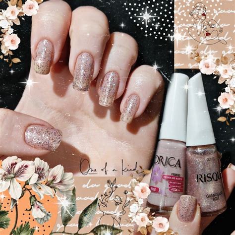 Unhas bege nude brilho Terra de Marte Drica e Granulado Rosé Risqué Frases de