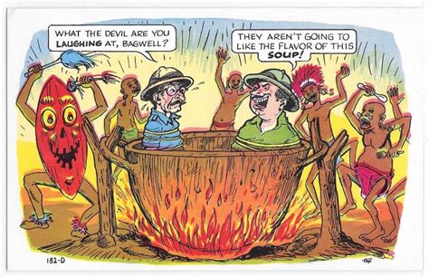 Vintage Comic Postcard Natives Cannibals Roasting Explorers Flavor Of