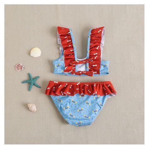Bikini de niña en color azul con volante rojo estampado