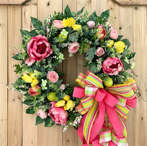 Easter Wreath For Front Door Easter Wreath With Eggs Pink Etsy