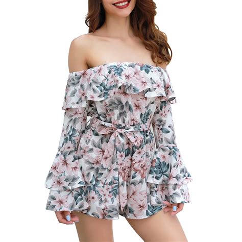 Summer Slash Neck Women Sexy Off Shoulder Flower Print Jumpsuit Long