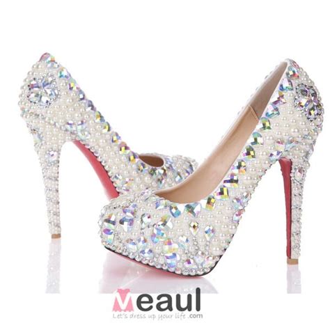 Luxury Elegant White Pearl Crystal Rhinestone Platform Pumps Wedding Shoes