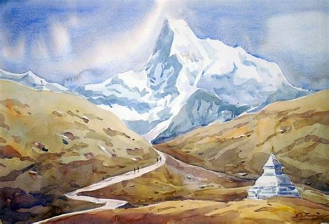 Landscape Of Himalaya Watercolor On Paper Painting By Samiran Sarkar