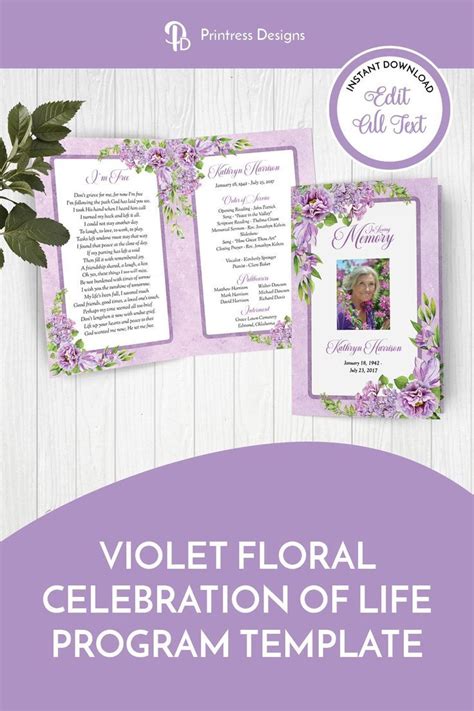 Violet Floral Funeral Program Template Obituary Order Of Service