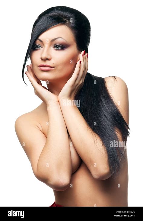 Naked Brunette Woman With Long Hair On White Background Stock Photo Alamy