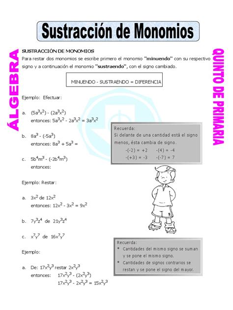 1 Sustracción De Monomios 5° Prim Pdf Sustracción Aritmética