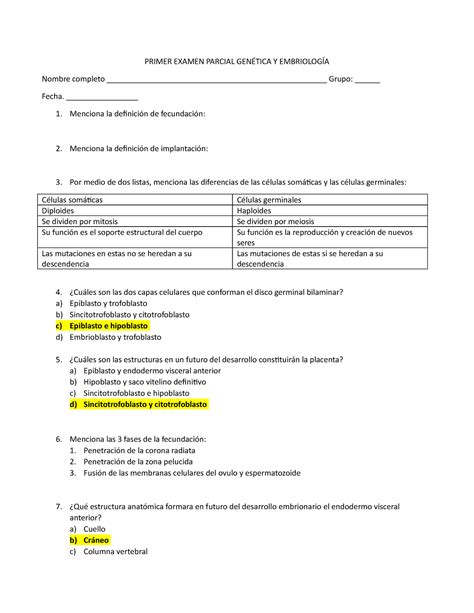 Primer Examen Parcial Genética Y Embriología Contestado PRIMER EXAMEN