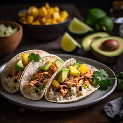 Tacos With Chicken Avocado And Cilantro On Wooden Table Stock Illustration Illustration Of