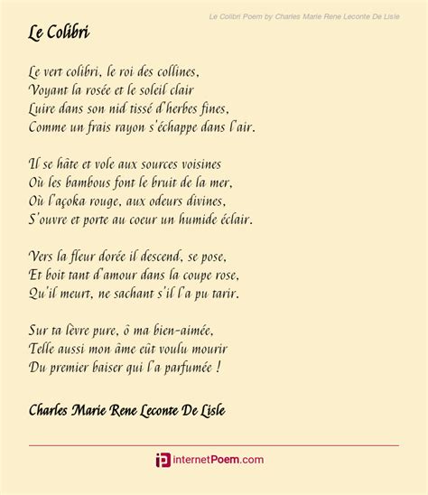 Le Colibri Poem By Charles Marie Rene Leconte De Lisle