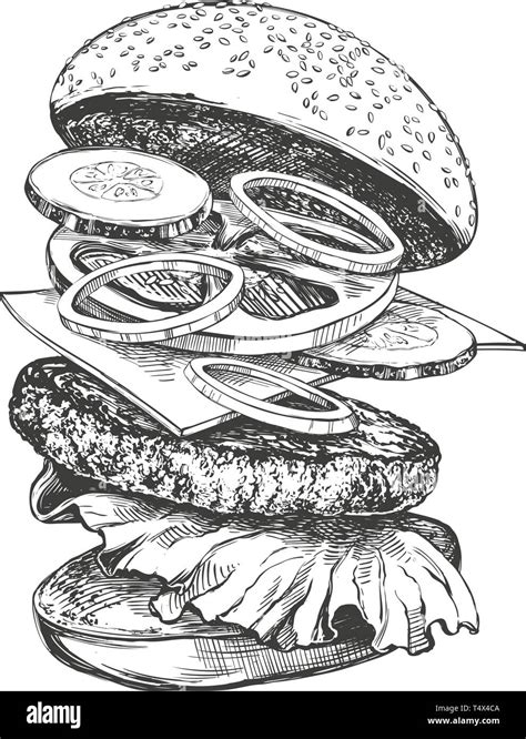 Big Burger Hamburger Hand Drawn Vector Illustration Realistic Sketch