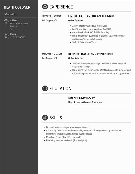 Order Selector Resume Samples Velvet Jobs