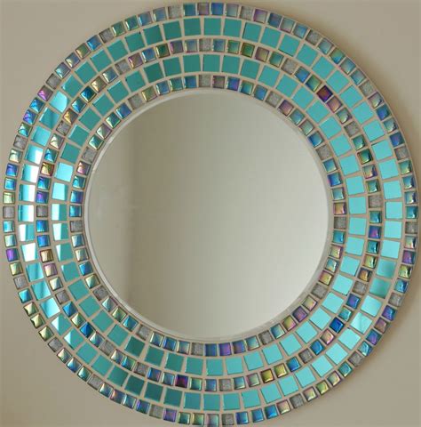 New Large Modern Round Wall Mounted Bevelled Glass Handmade Aqua Mosaic Mirror Mosaic Frame