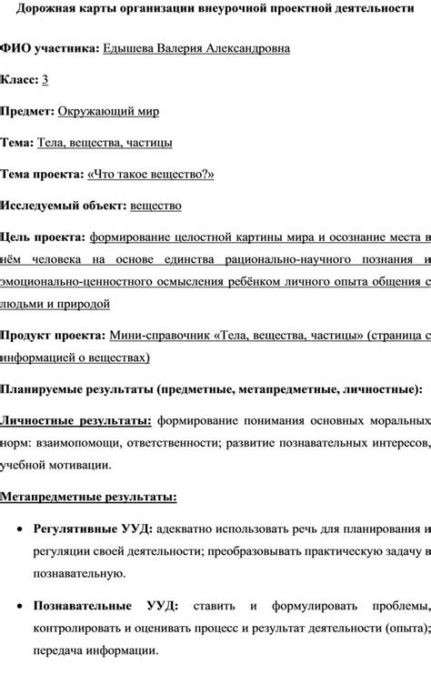 Дорожная карты организации внеурочной проектной деятельности
