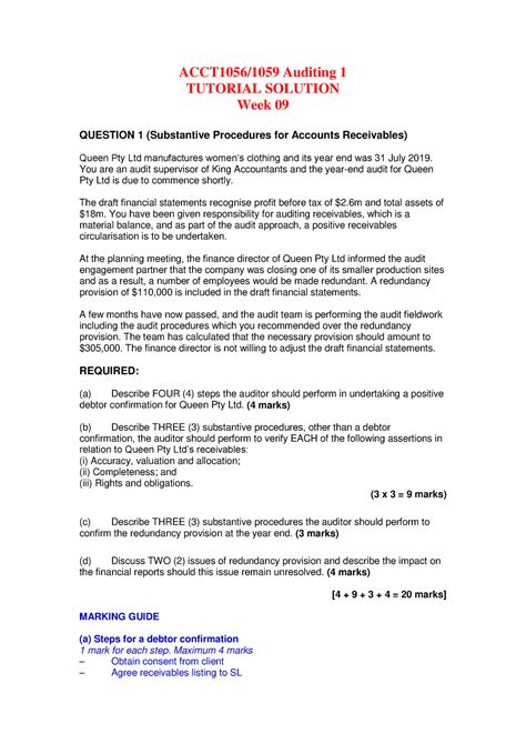 Week 9 Case Study ACCT1056 1059 Auditing 1 TUTORIAL SOLUTION Week 09