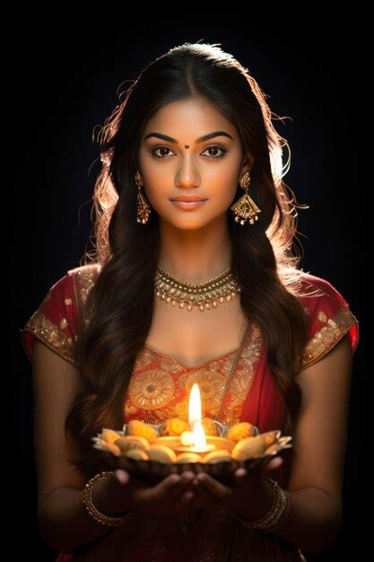 Premium AI Image Indian Woman Holding Oil Lamp In Hand Celebrating