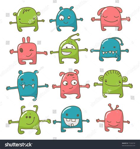 Collection Of 12 Cute Monsters Doodle Stock Vector Illustration 77238739 Shutterstock