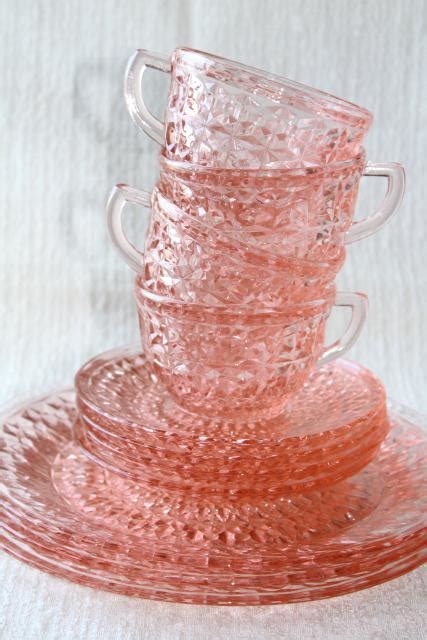 Holiday Buttons And Bows Pattern Pink Depression Glass Dishes Set 1940s Vintage Jeannette Glass