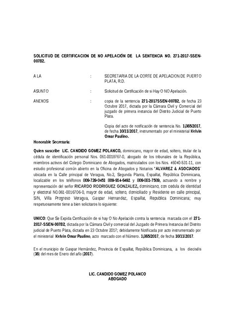 Solicitud DE Certificacion DE NO Apelación DE LA Sentencia NO