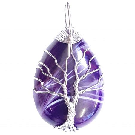 Pendentif Goutte Arbre De Vie Wrap En Agate Violette Chaine 3 5cm