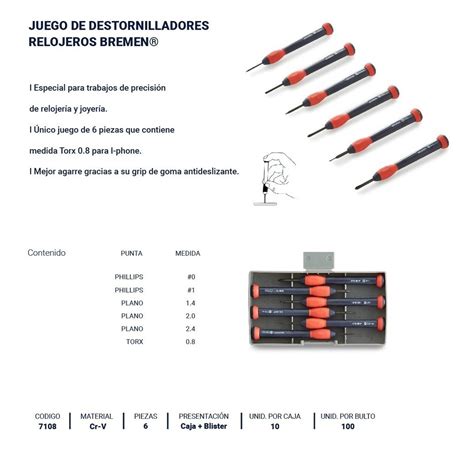 Juego Destornilladores Bremen 6 Pz Perilleros Plano Phillips Torx 0 8