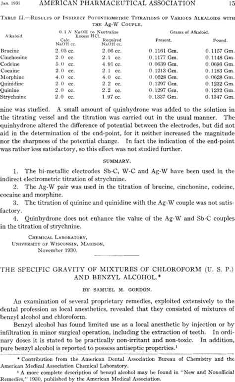 The Specific Gravity Of Mixtures Of Chloroform U S P And Benzyl Alcohol Gordon 1931