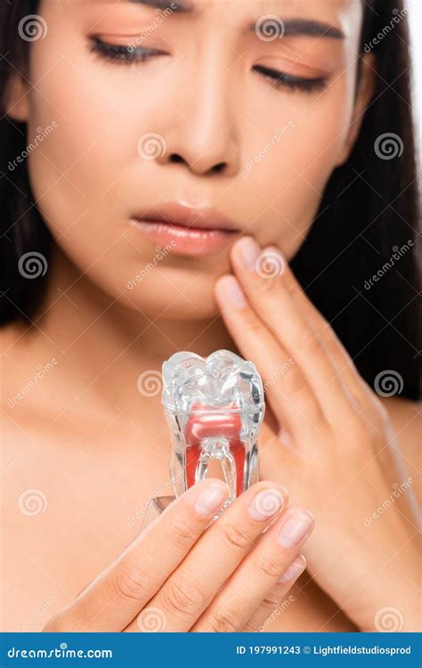 Focus Of Sad Naked Woman With Toothache Holding Tooth Model Stock Image Image Of Sadness