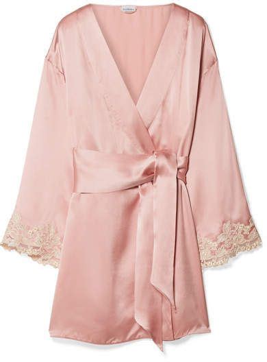 La Perla Maison Lace Trimmed Silk Blend Satin Robe Pastel Pink Silk