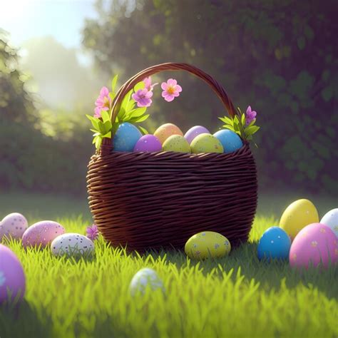 Premium Photo A Basket Of Easter Eggs In A Basket On Grass