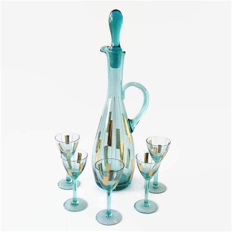 Mid Century Carafe And Glasses Set Vintage Teal And Gold Wine Etsy Glass Stopper Wine