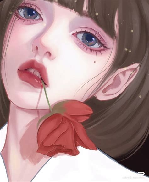 An Anime Girl Holding A Flower In Her Mouth