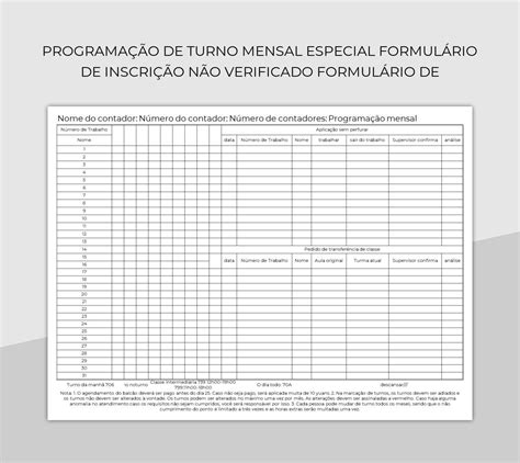 Planilhas Programa O De Turno Mensal Especial Formul Rio De Inscri O