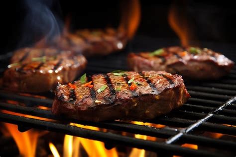 Premium Ai Image Steaks Cooking On A Grill With Flames In The Background