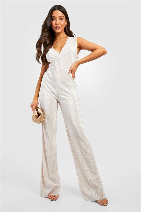 Wrap Over Plisse Wide Leg Jumpsuit Boohoo Uk