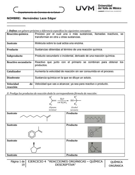 Tarea 4 Reacciones Orgánicas Química Descriptiva NOMBRE