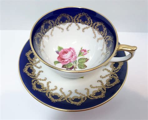 Navy Aynsley Teacup And Saucer Pink Rose Teacups Antique Tea Cups