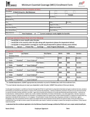 Fillable Online Minimum Essential Coverage MEC Enrollment Form Fax