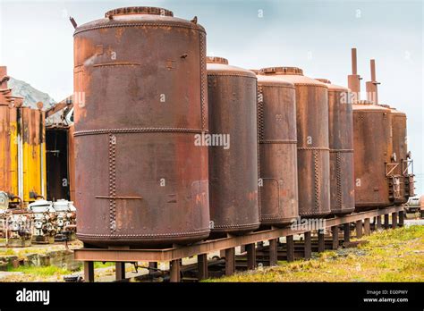 Rusting Whale Oil Storage Tanks At Grytviken Whaling Station South