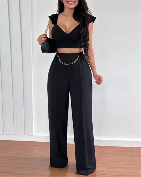 Ruffle Hem Backless Crop Top High Waist Pants Set