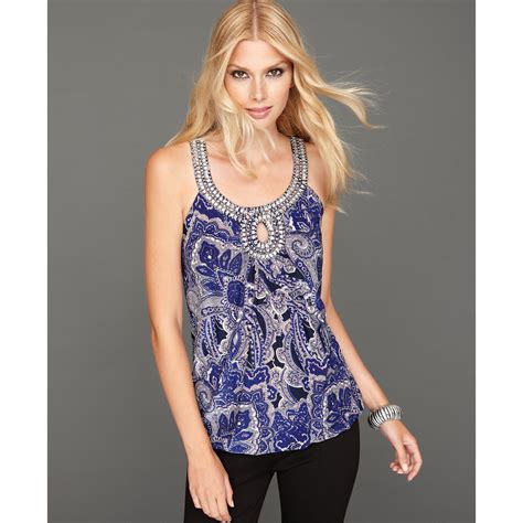 Inc International Concepts Sleeveless Rhinestone Keyhole Printed Top In