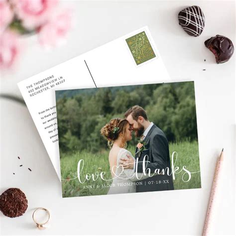 Love And Thanks Heart Script Wedding Photo Postcard Zazzle