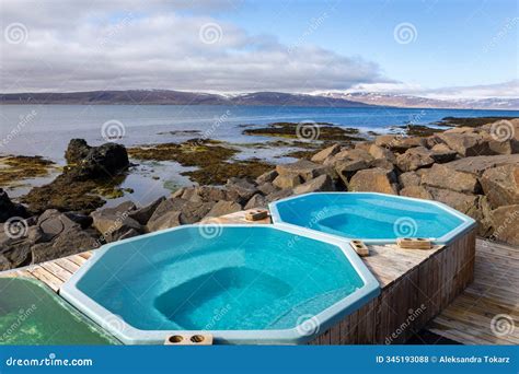 Drangsnes Hot Tubs Geothermal Pools By The Sea In Drangsnes Village In Westfjords Iceland Stock