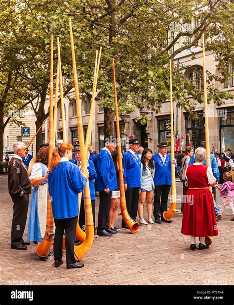 Zurich, Switzerland - August 1, 2014: participants of the parade devoted to the Swiss National ...