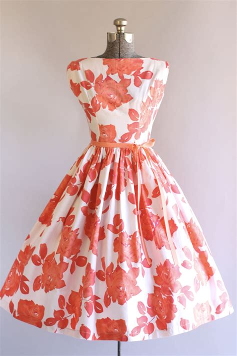 Vintage 1950s Pink And Red Rose Cotton Dress