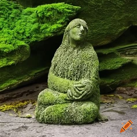 Moss Covered Stone Statue In A Grieving Pose