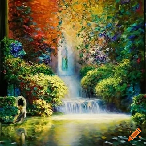 Monets Victorian Garden Painting With Angel Statues And Waterfall On