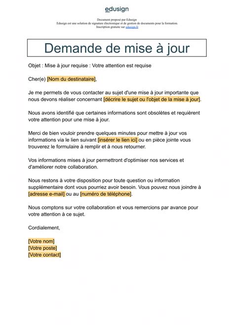 Demande de mise à jour Modèle de mail gratuit Edusign