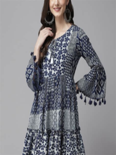 Buy Yufta Navy Blue White Pure Cotton Ethnic Motifs Printed Tiered A