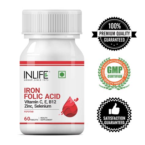 Inlife Chelated Iron Folic Acid Supplement With Vitamin C E B12 Zinc And Selenium For Men Women